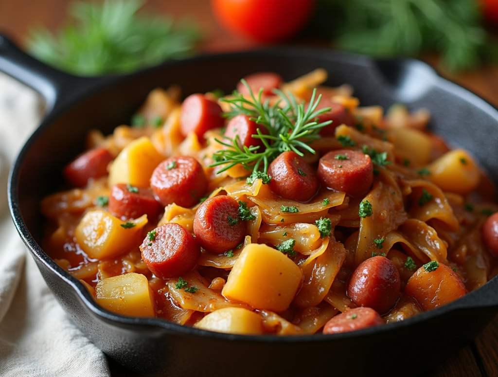 Тушеная капуста с сосисками